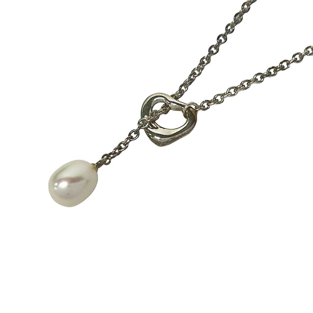 Tiffany & Co. Open Heart Lariat Necklace Silver Pearl White Pearl